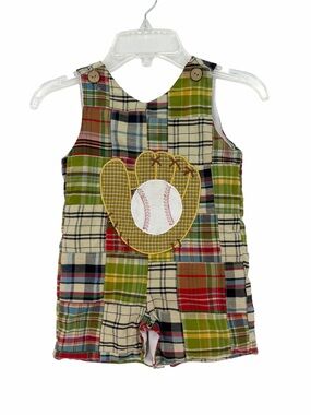 La Jenns Plaid Patchwork Baby Romper with Baseball Glove Applique